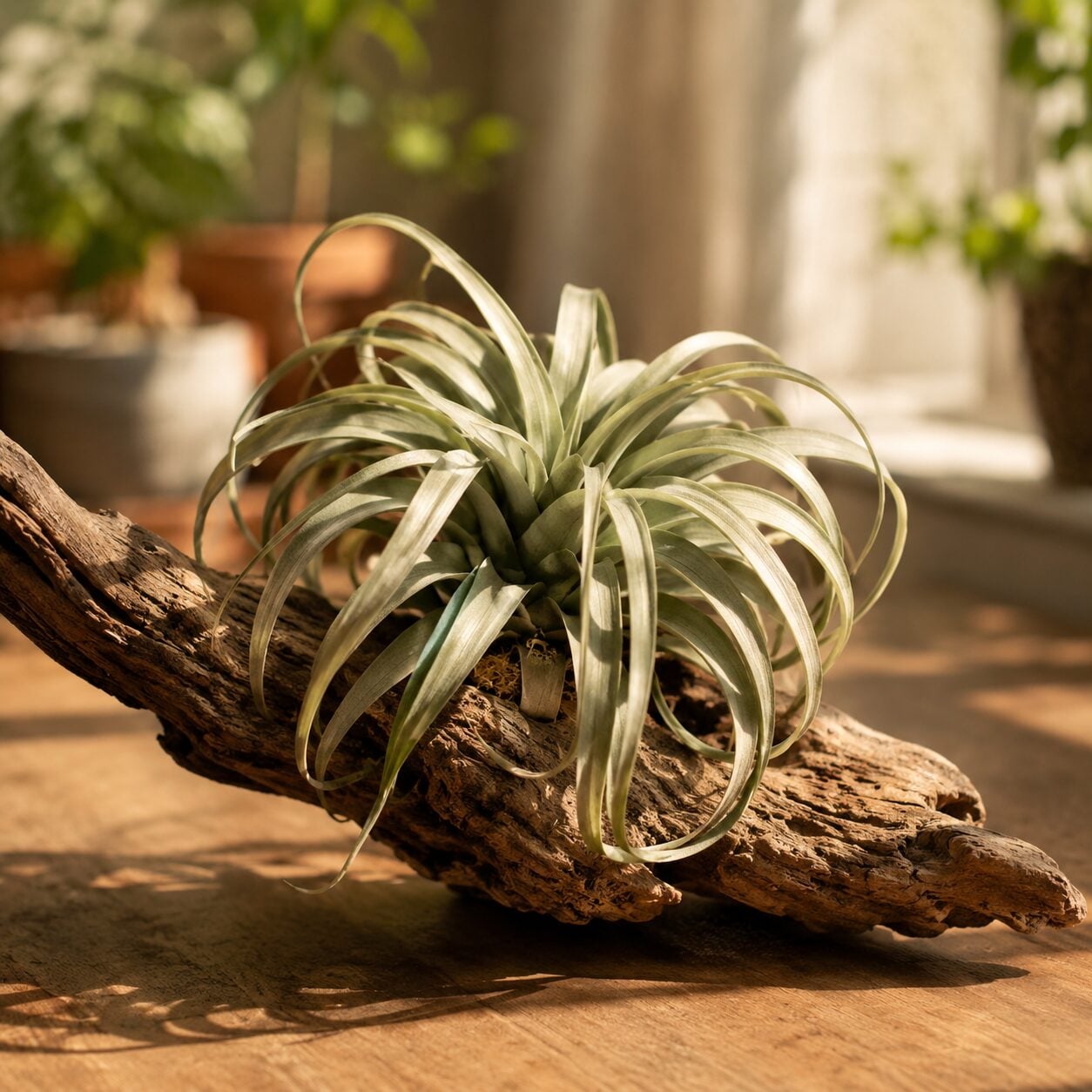 A close look at a silvery Tillandsia rosette — the fuzzy trichome-covered leaves that let air plants drink without roots or soil