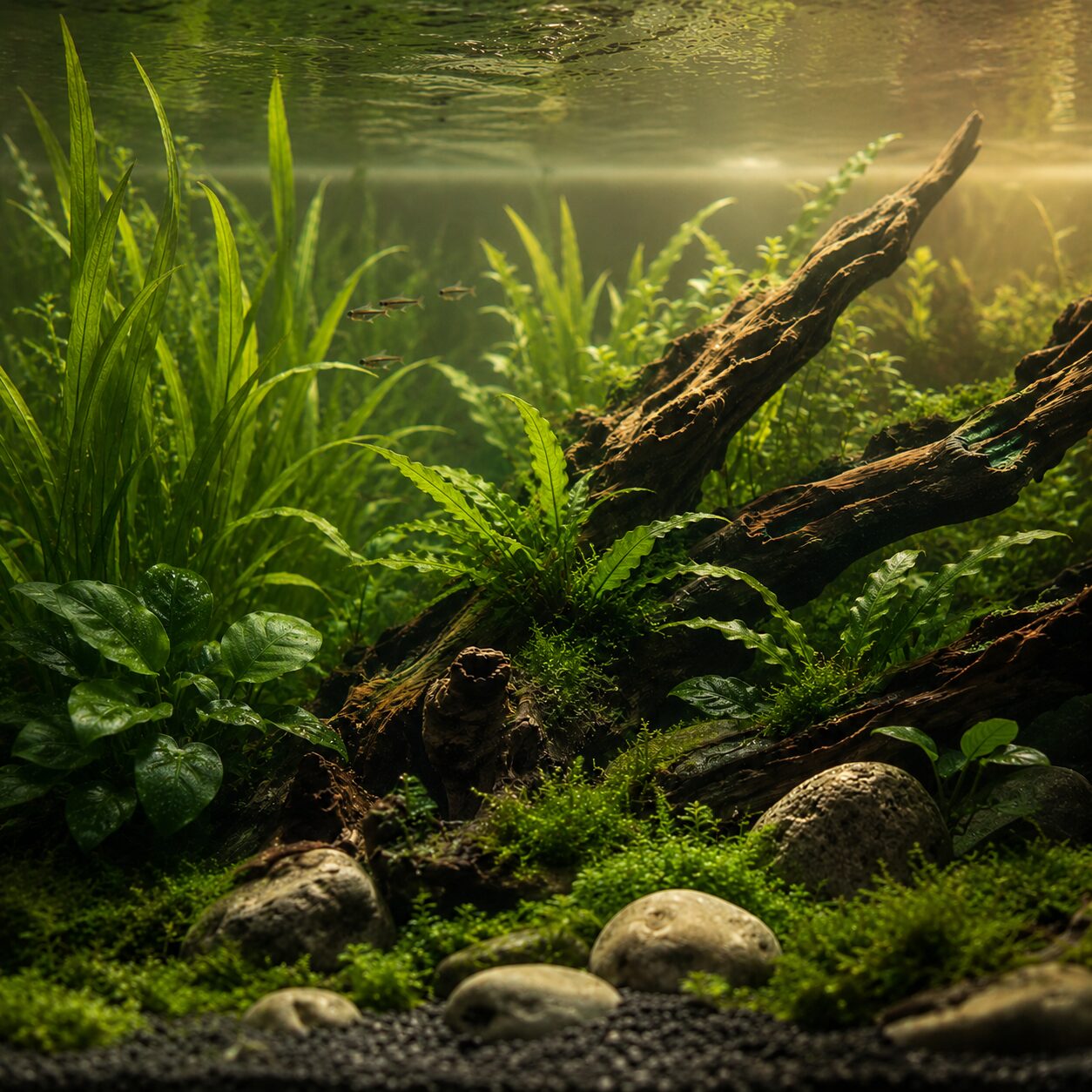 An aquascaped planted tank with off-center hardscape, layered plant heights, and open negative space — layout principles in practice