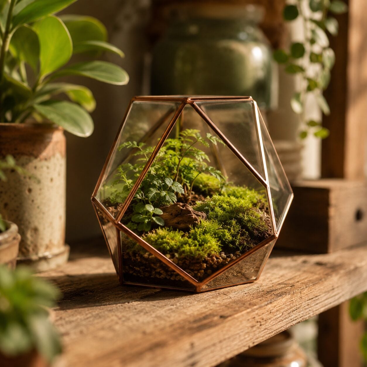 Terrarium building supplies laid out — a glass vessel, pebbles, charcoal, soil, moss, and small tropical plants ready for assembly