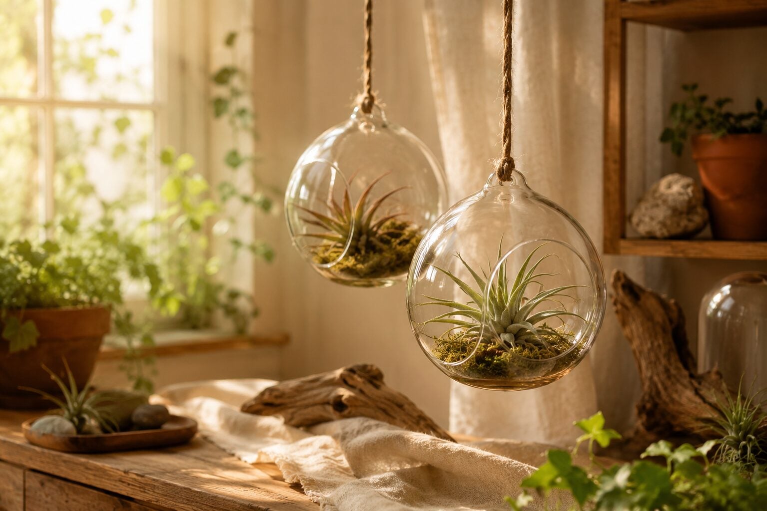 An assortment of Tillandsia air plants displayed without soil — silvery rosettes ready for mounting, hanging, or open glass display