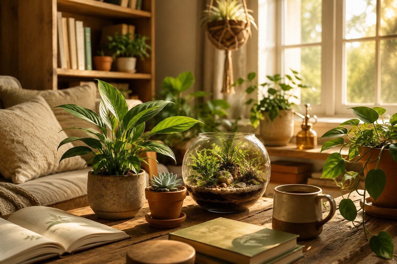 Beginner-friendly houseplants grouped on high shelves and hanging planters — practical placement for a home with curious cats