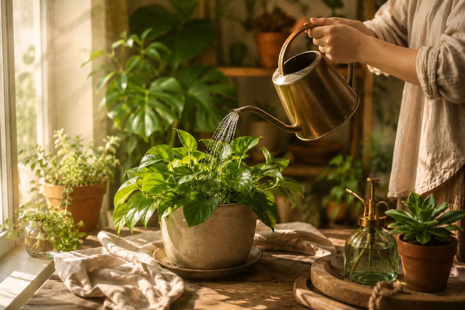 Watering a pothos with a brass watering can - in low light, water only when the soil is dry two inches down