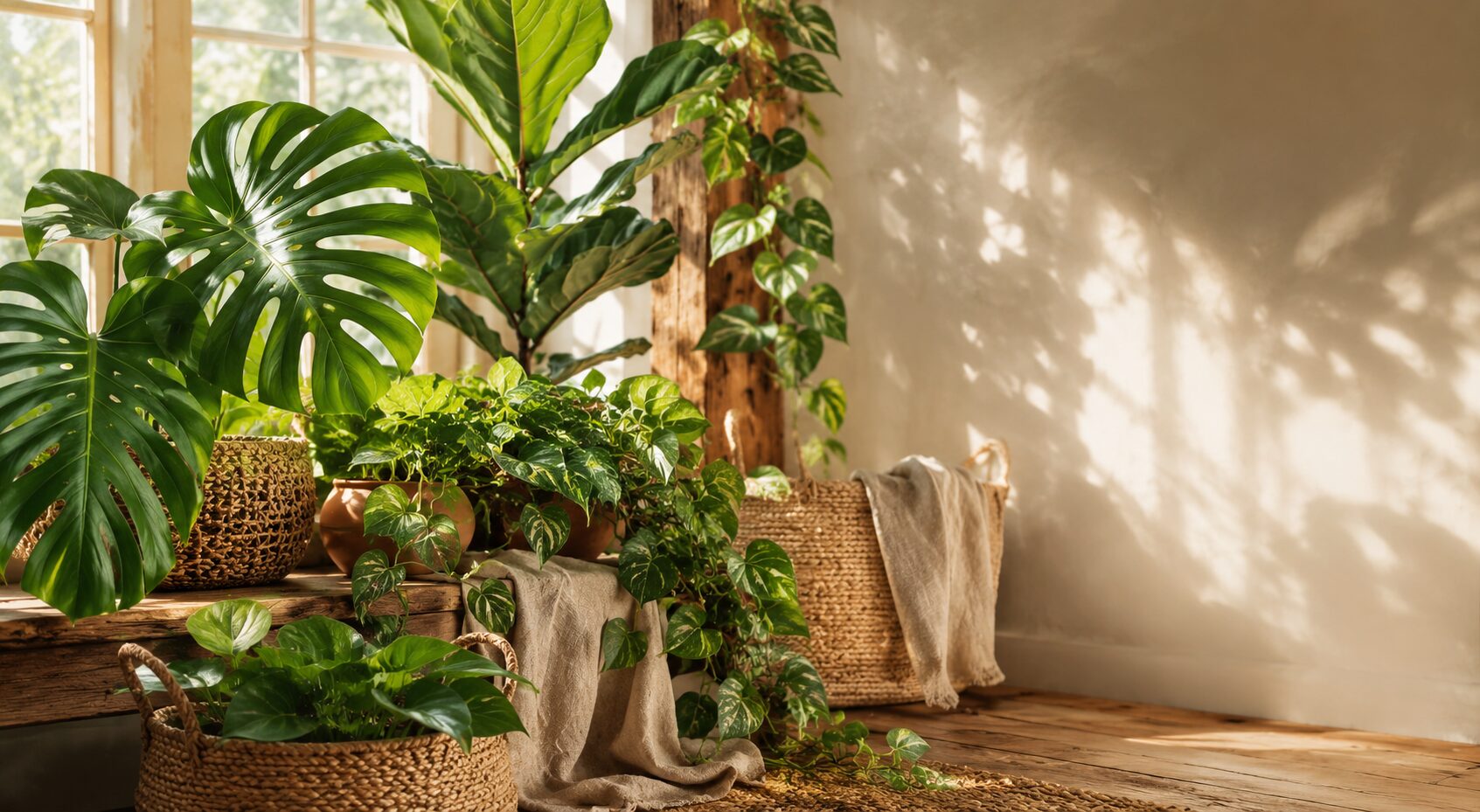 Houseplants clustered near a window with the far wall in shadow, showing how quickly indoor light falls off with distance
