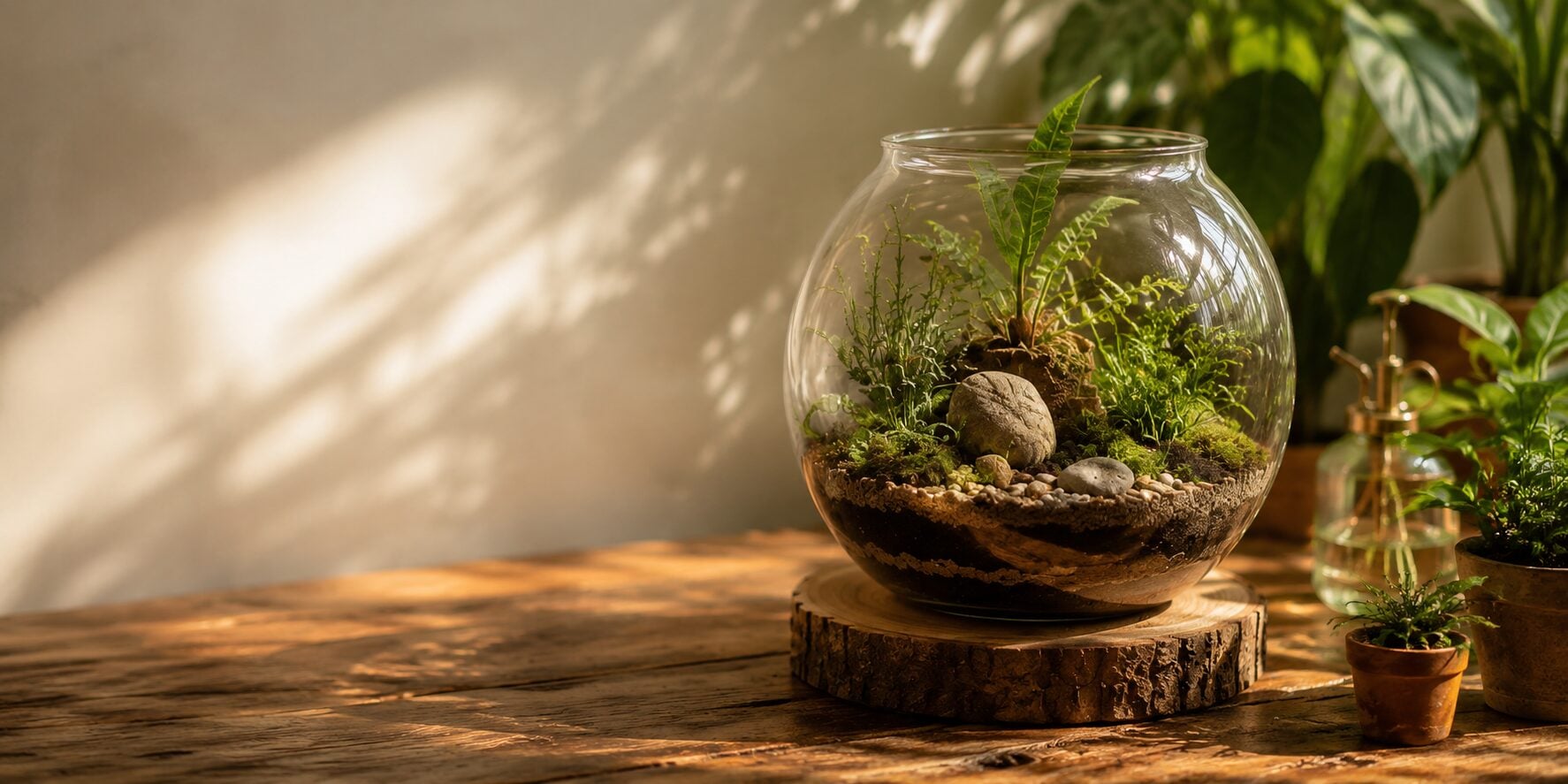 A lush closed glass terrarium filled with moss, ferns, and fittonia — a sealed, self-sustaining glass garden