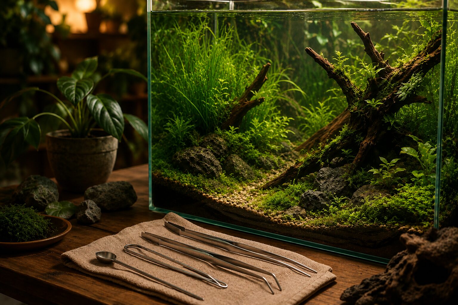 Aquascaping maintenance tools — long tweezers, curved scissors, and a substrate spatula laid out beside a planted tank