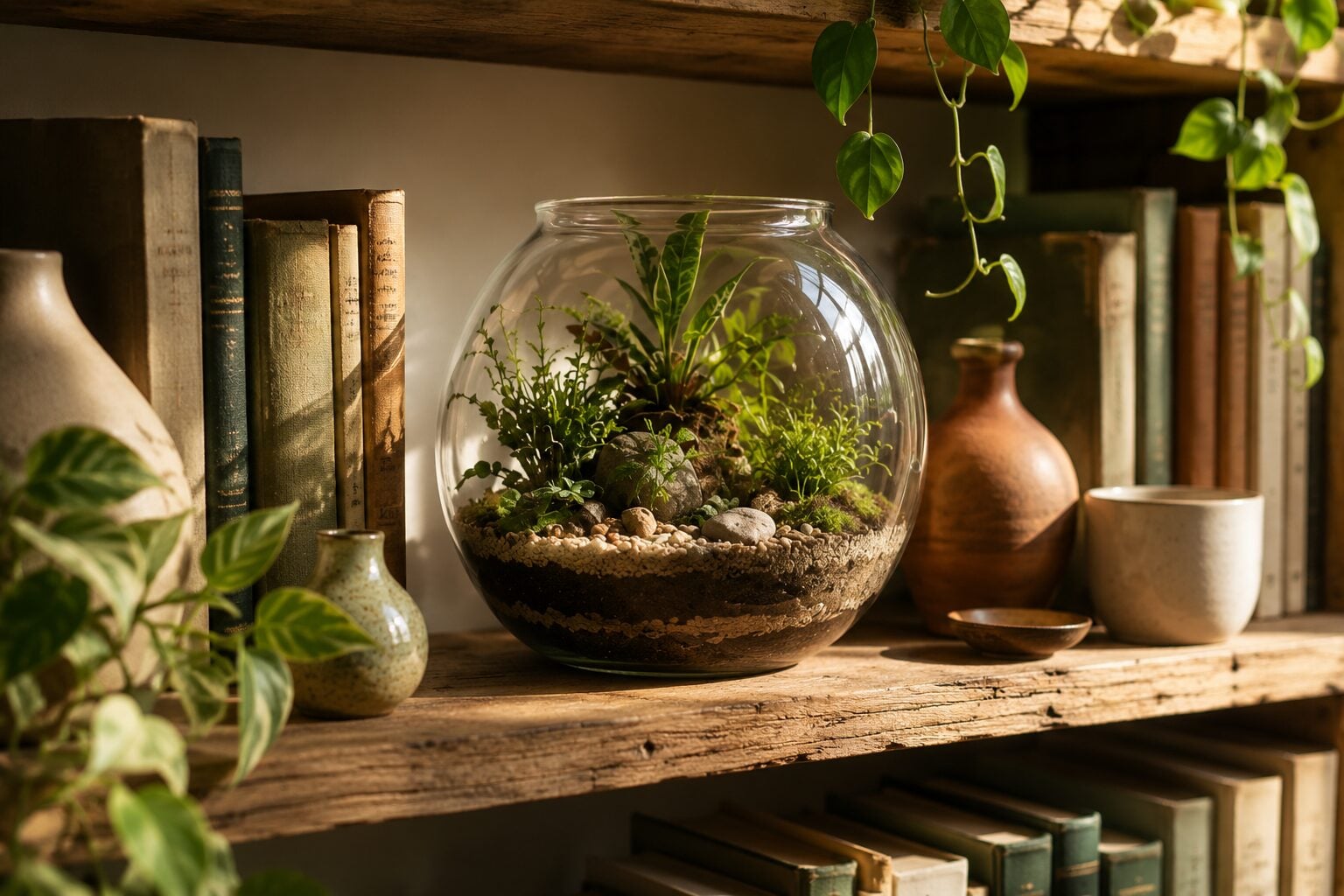 A complete terrarium kit — glass vessel, substrate layers, moss, and tools boxed together, ready to assemble as a gift or first build