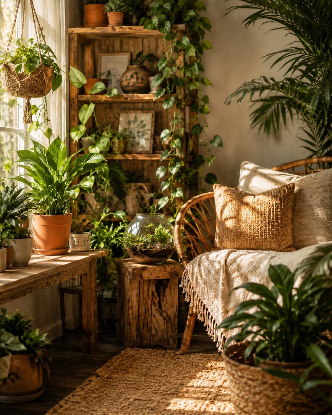 A styled plant corner in a dim interior room β trailing and upright low light plants arranged on shelves away from the window