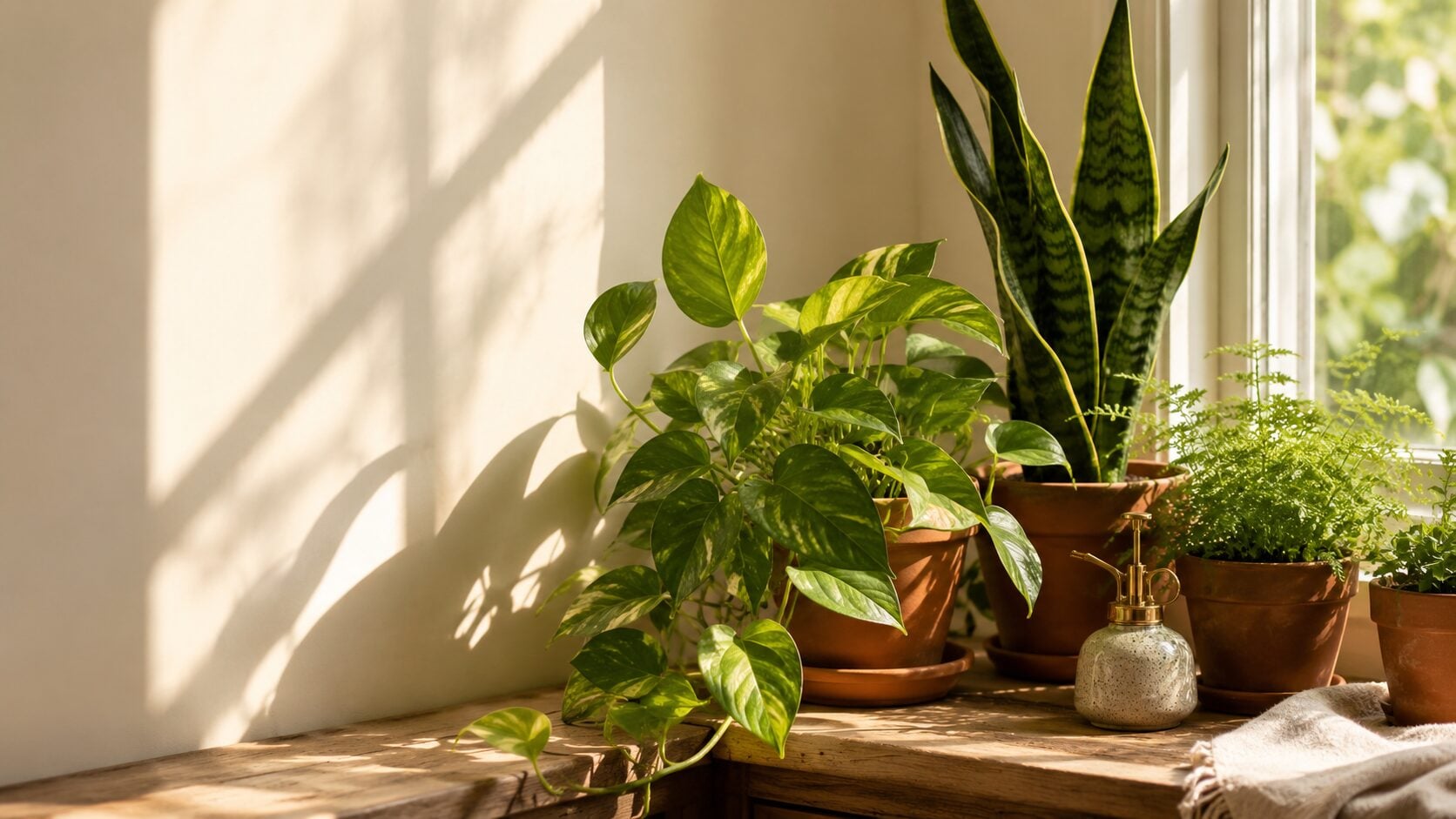 A sunlit windowsill lined with a relaxed mix of healthy houseplants β a pothos trailing, a snake plant standing tall, a