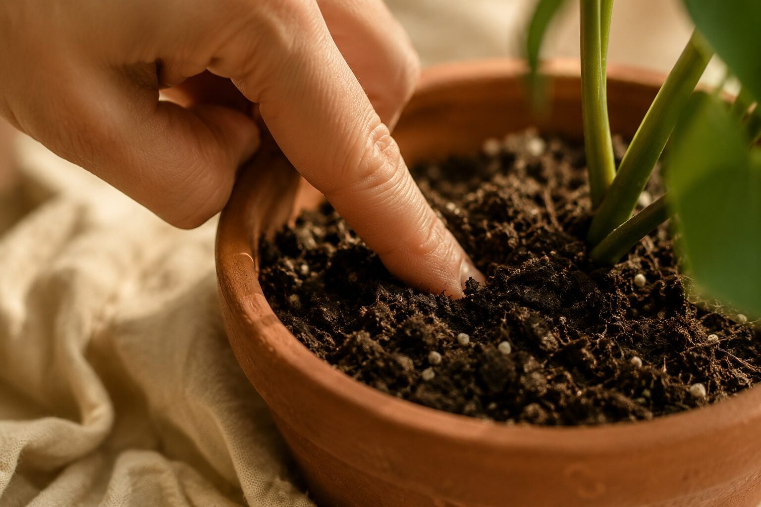 Close-up of a hand pressing a finger into dark potting soil to test moisture, warm amber side light, terracotta pot, cre