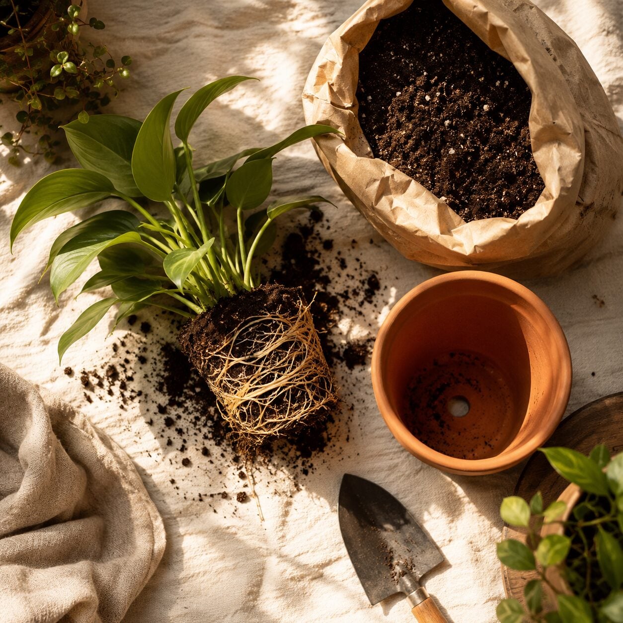 Overhead flat-lay of a repotting-in-progress scene β a plant lifted from its pot showing healthy roots, a bag of potting