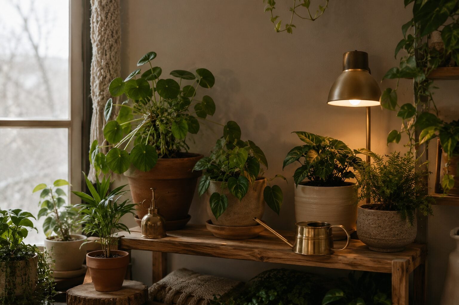 A cozy shelf of thriving houseplants beside a window in soft winter light, a watering can and a small grow light nearby,