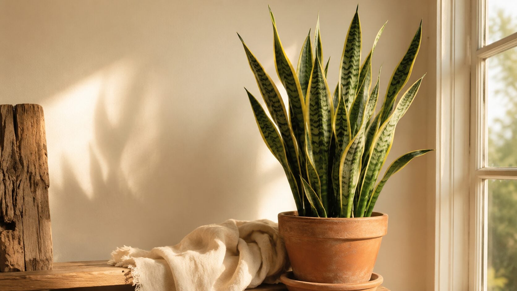 A tall, striking snake plant with upright variegated leaves in a heavy terracotta pot beside a bright window, warm golde