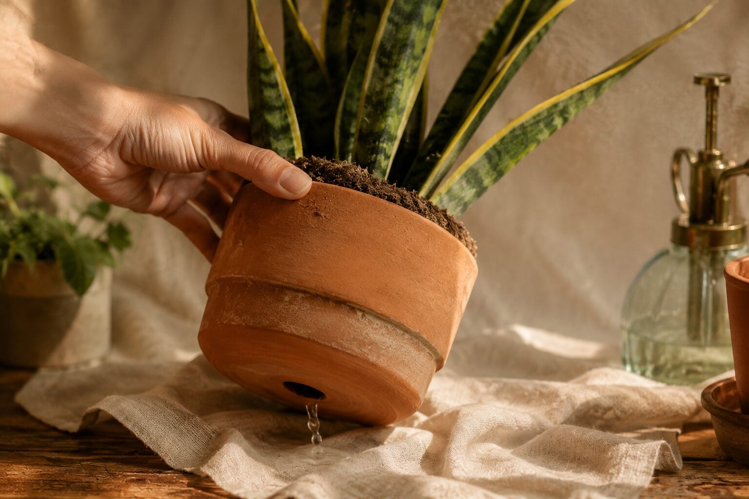 A close-up comparison of snake plant care details β a hand tilting a terracotta pot to show water draining freely from t