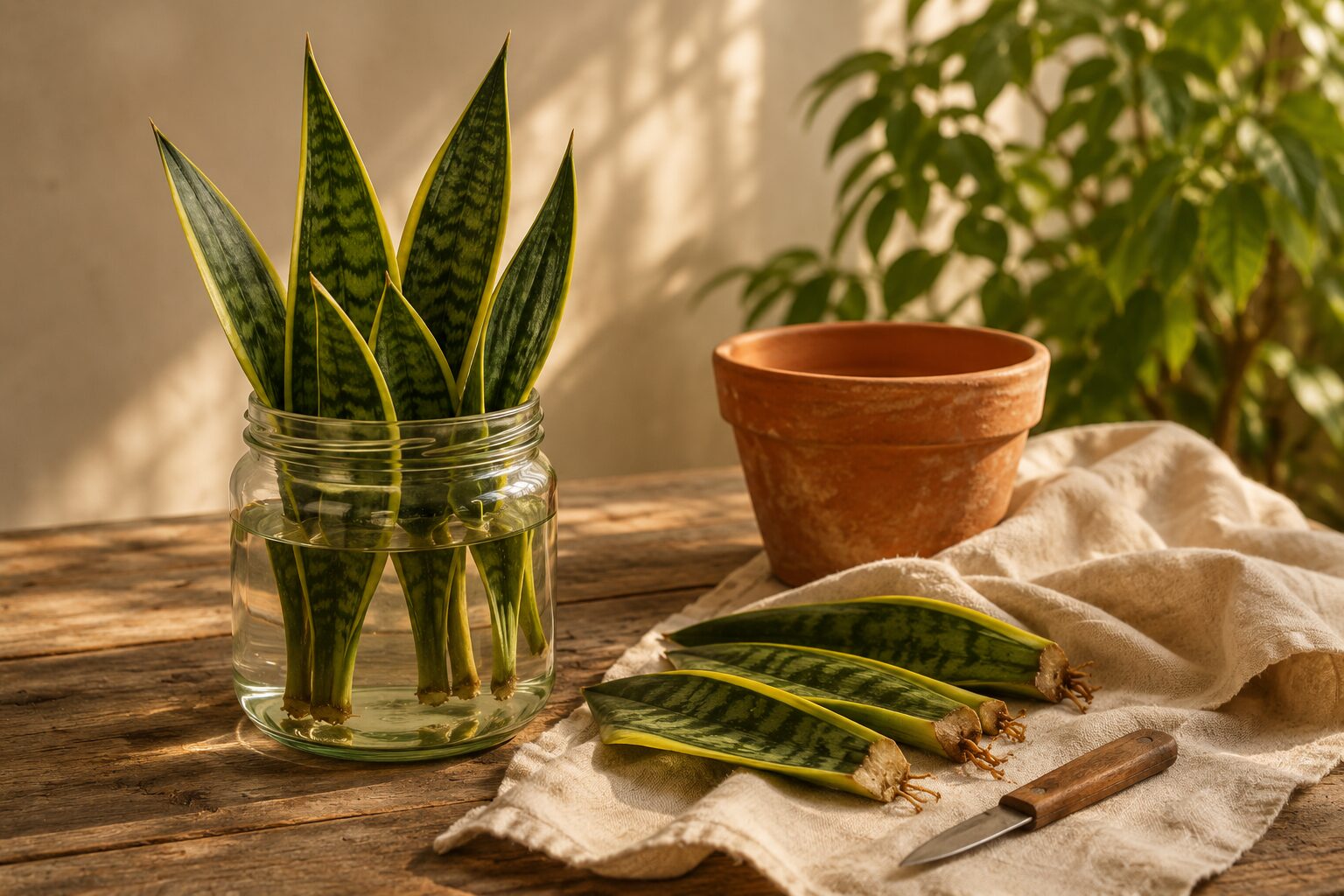 A propagation scene showing snake plant leaf cuttings standing in a glass jar of water and a few divisions laid on cream