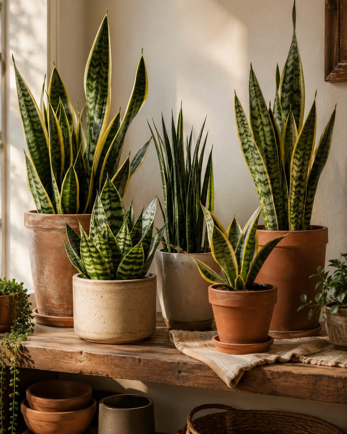 A tidy grouping of several snake plant varieties of different heights and colors on a wooden shelf in warm light, cream