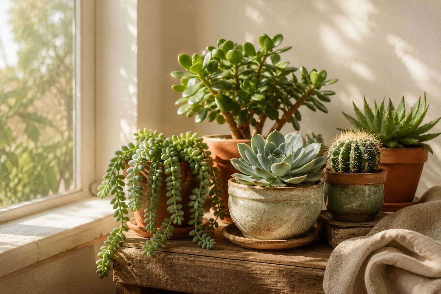 A collection of potted succulents β a jade plant, a rosette echeveria, a small barrel cactus, and a trailing burro's tai