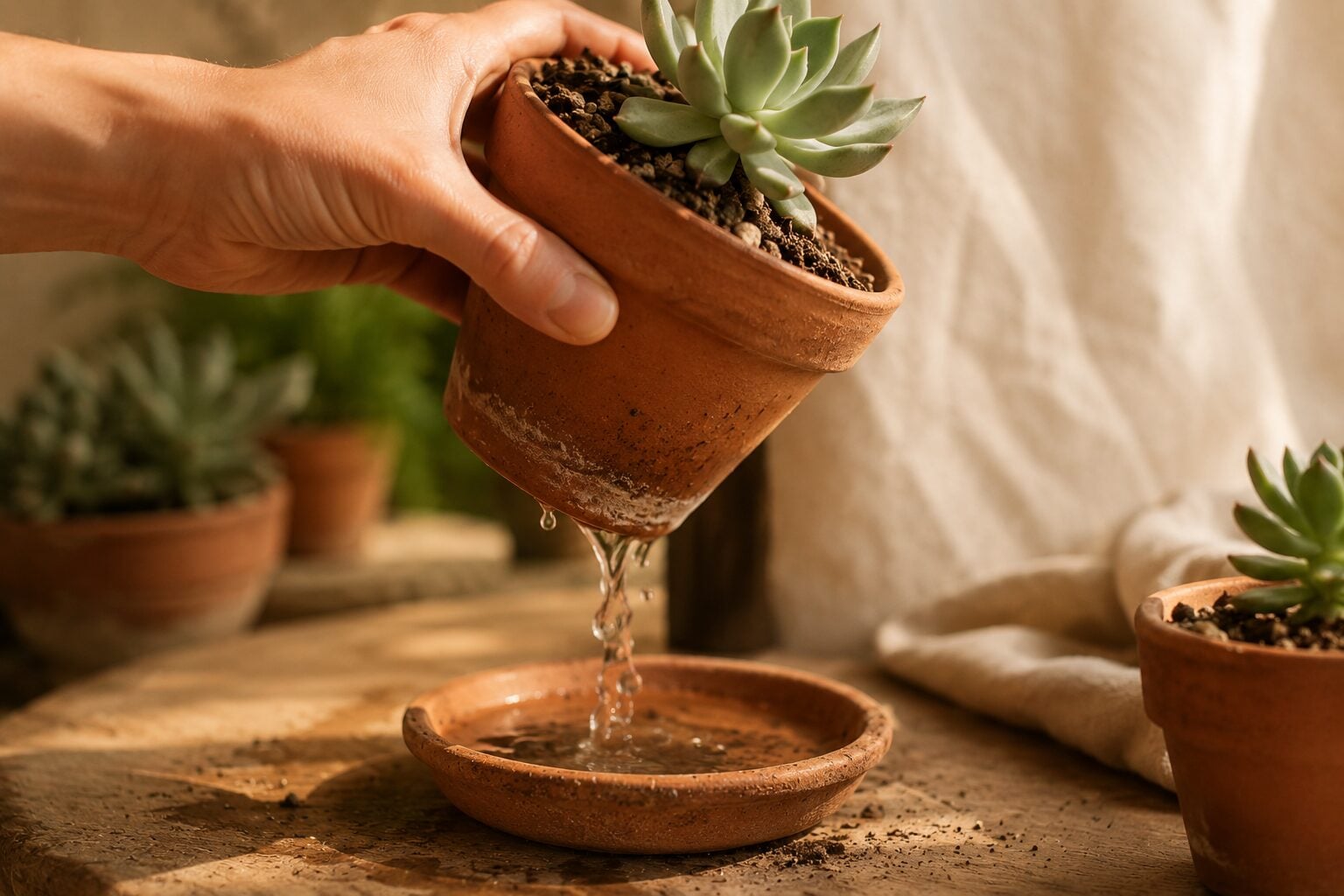 A close-up of a hand tilting a small terracotta pot so water drains freely from the base onto a tray, dry crumbly succul