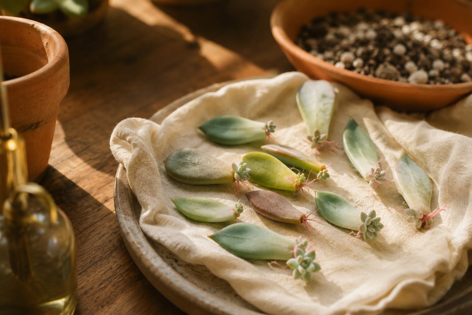 Several succulent leaf cuttings laid on a shallow ceramic tray lined with cream linen, cut ends calloused, a few already
