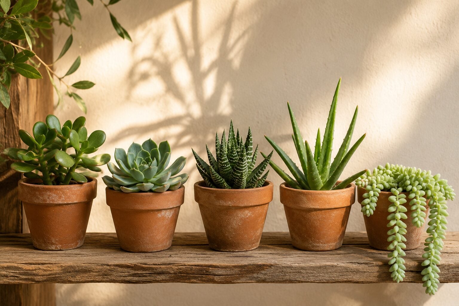 A tidy lineup of beginner succulents β jade, echeveria rosette, haworthia, aloe, and trailing burro's tail β in matching