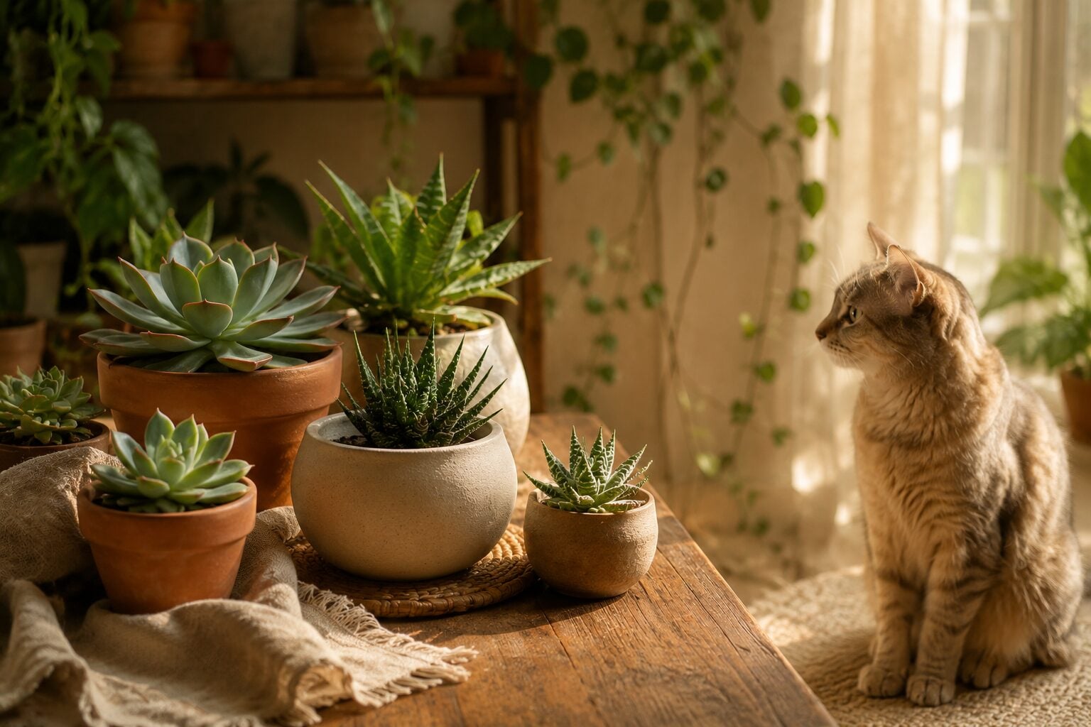 A gentle split-scene showing pet-safe succulents (echeveria and haworthia) on one side and a cat looking on from a respe