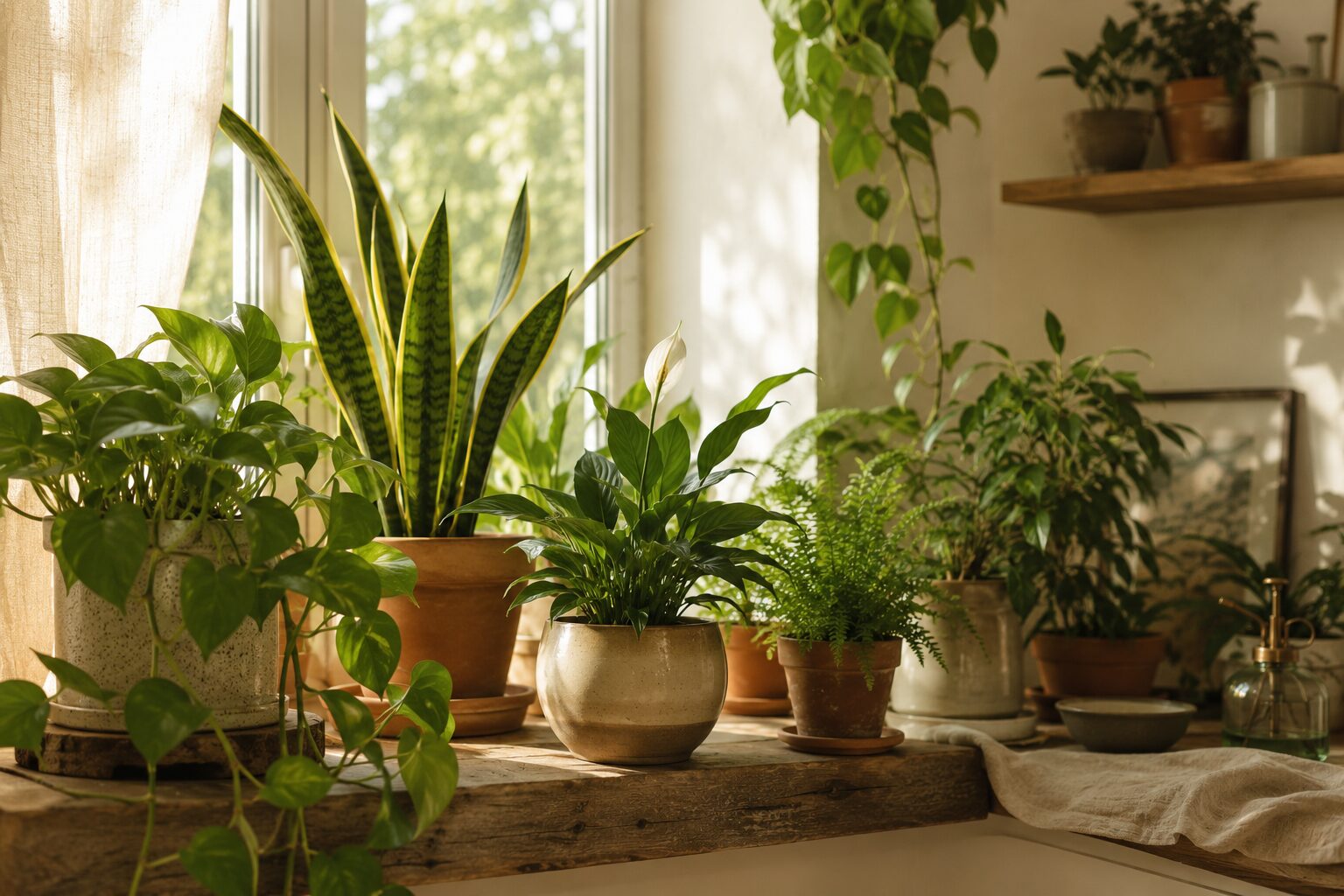 A bright windowsill lined with thriving mixed houseplants — a pothos trailing, a snake plant upright, a peace lily, a sm