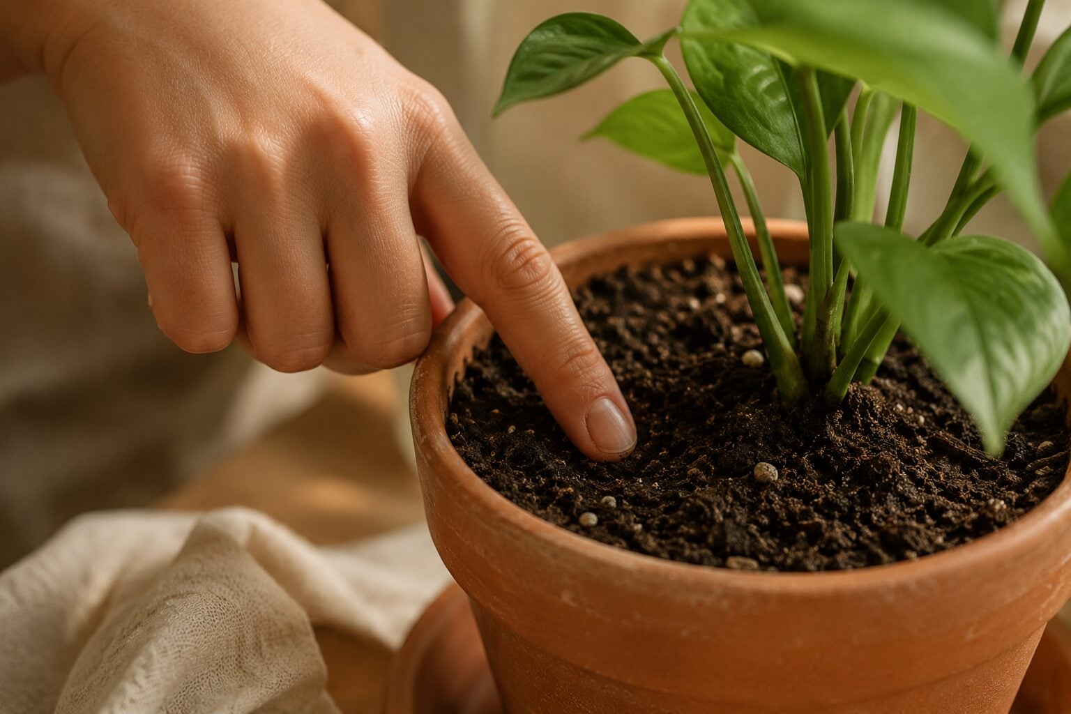 A close-up of a hand pressing a finger into the top inch of houseplant soil to test moisture, warm side light, cream and