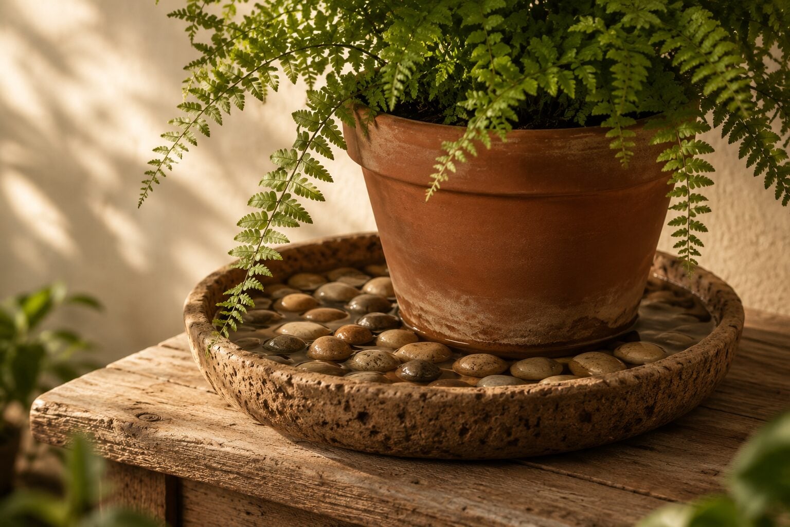 A pebble humidity tray beneath a lush fern in a terracotta pot on a wooden surface, water pooled just below the pot base
