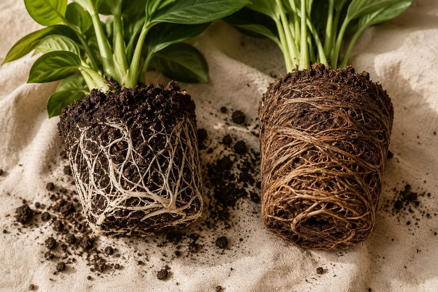 A comparison of a healthy white root system beside a brown, tightly circled rootbound one, both freshly slipped from the