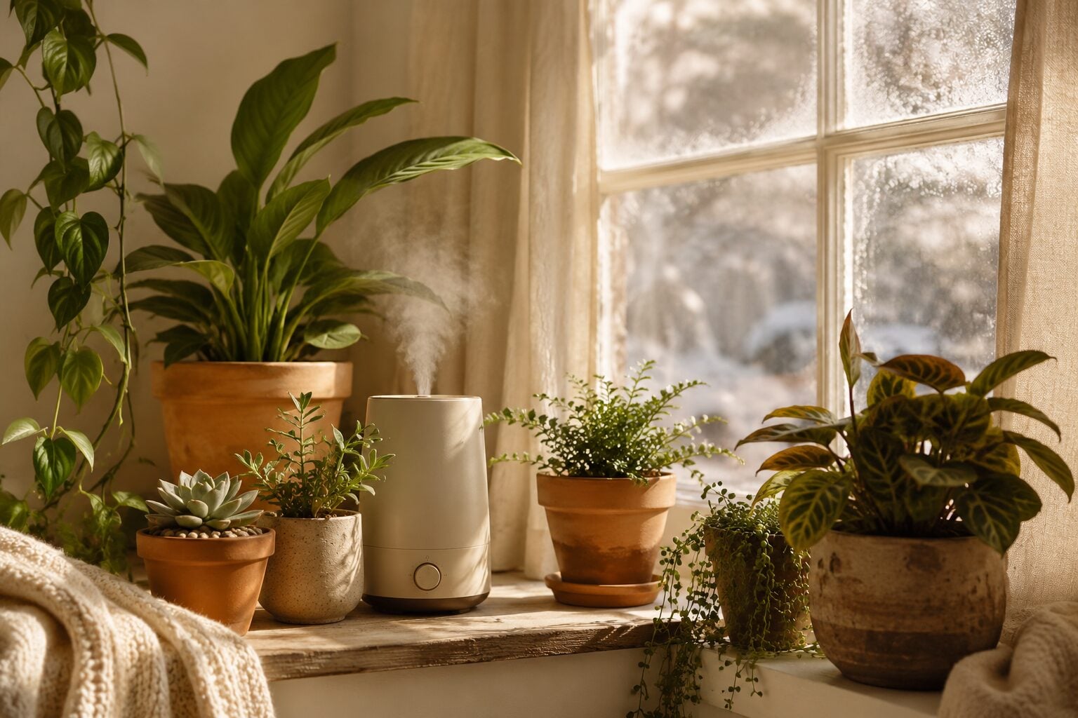 A cozy winter windowsill of houseplants in soft low-angle light, a small humidifier misting nearby, cream walls and line