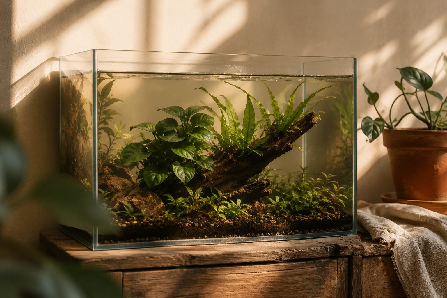 A low-tech planted freshwater aquarium photographed in Botanical Editorial style — warm cream (#F7F3EE) wall behind the 