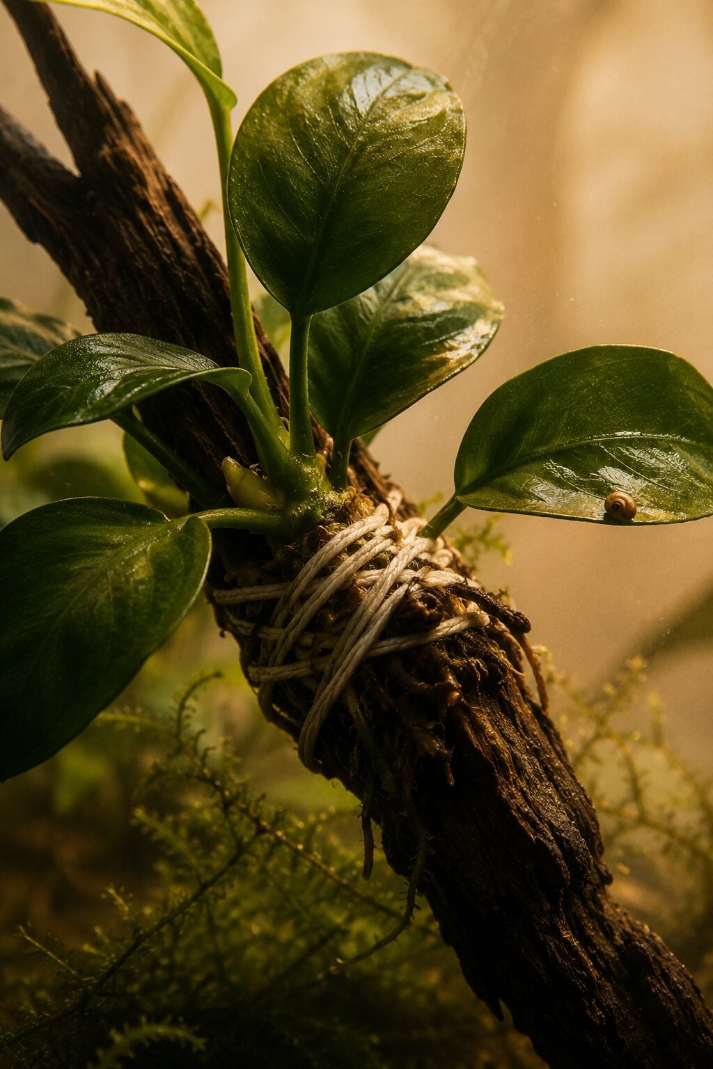 Extreme macro, Botanical Editorial style — an anubias rhizome lashed to a piece of dark driftwood with cotton thread, th