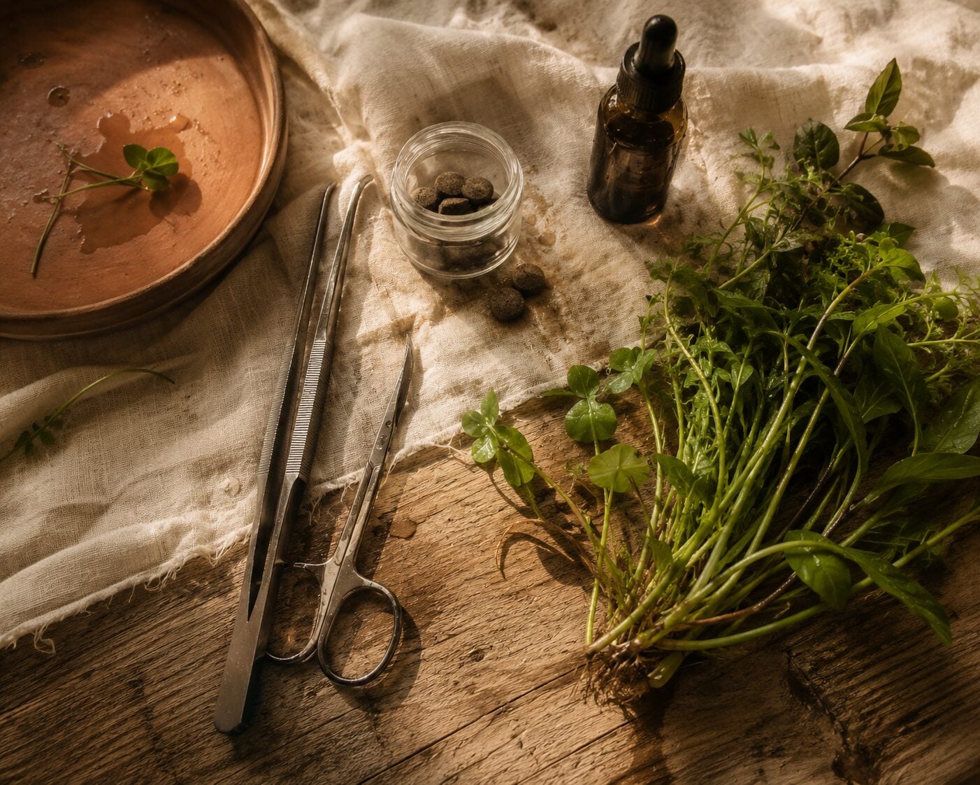 Flat-lay on a reclaimed wood surface, cream linen cloth underneath — aquascaping tweezers and curved scissors, a small j