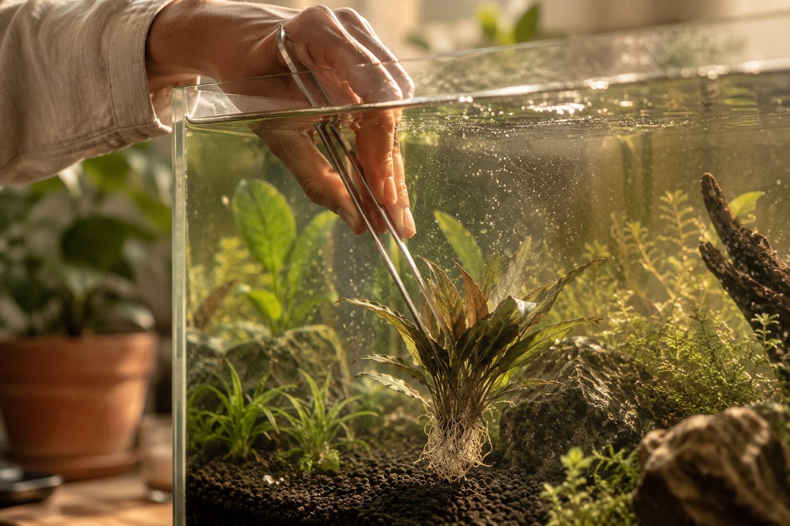 A close editorial shot of a hand (no face, sleeve of a linen shirt) lowering a cryptocoryne into aquarium gravel with lo