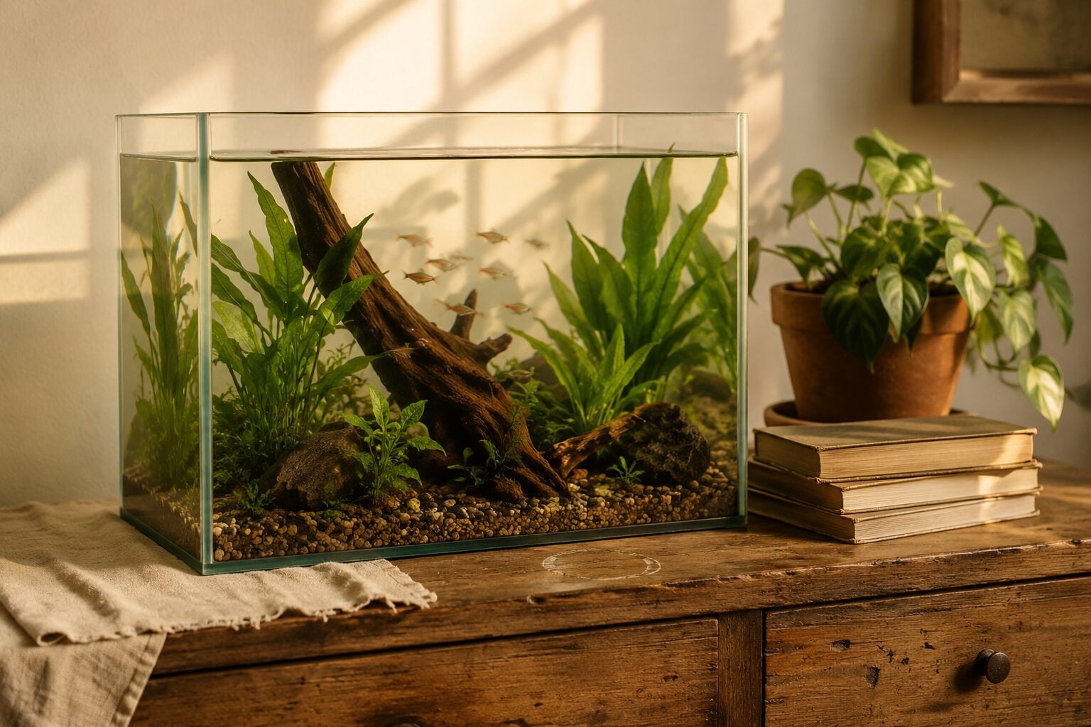 A finished planted tropical fishtank in Botanical Editorial style, sitting on a reclaimed-wood console against a warm cr