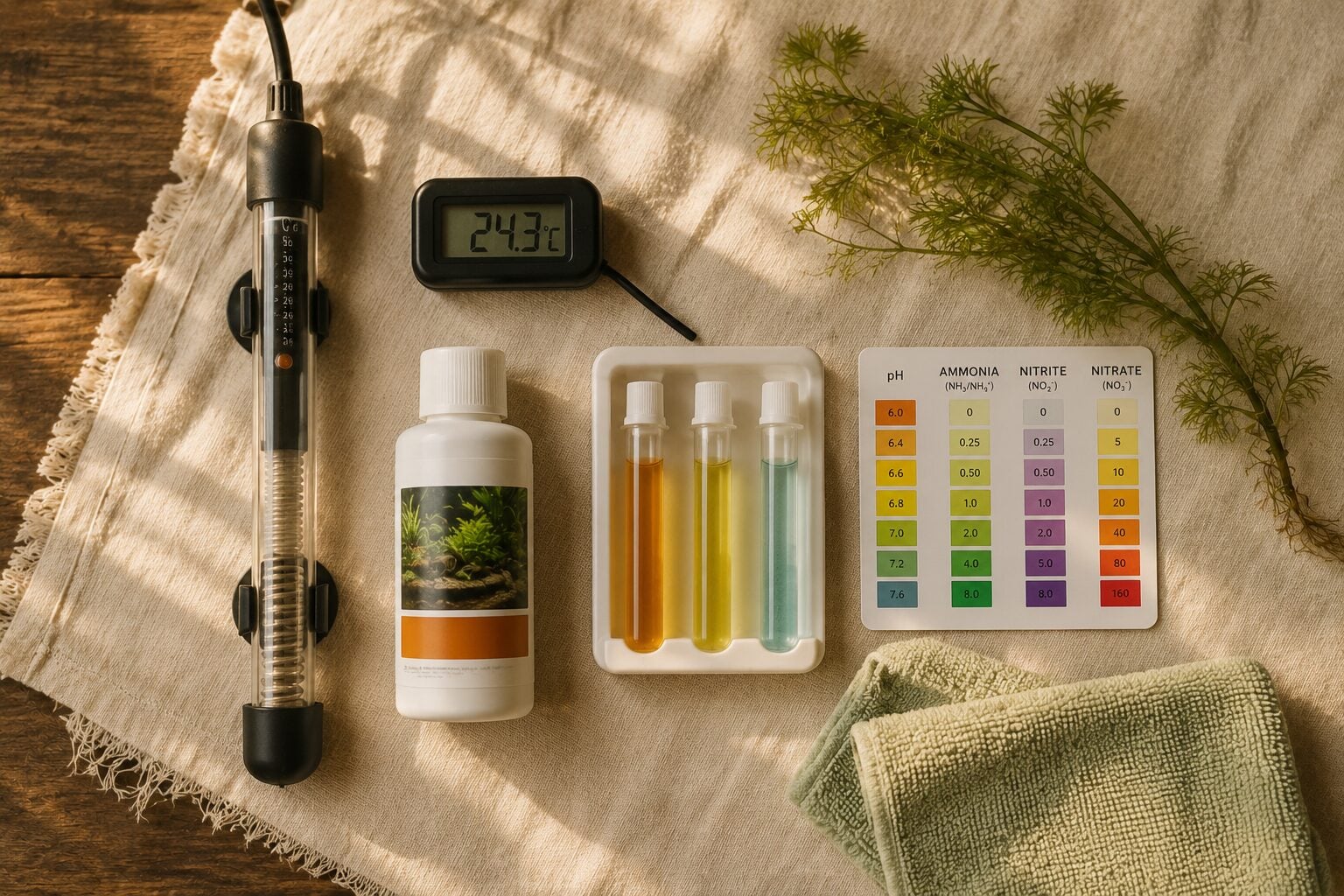 Flat-lay on cream linen over reclaimed wood β an adjustable aquarium heater, a digital thermometer, a bottle of water co