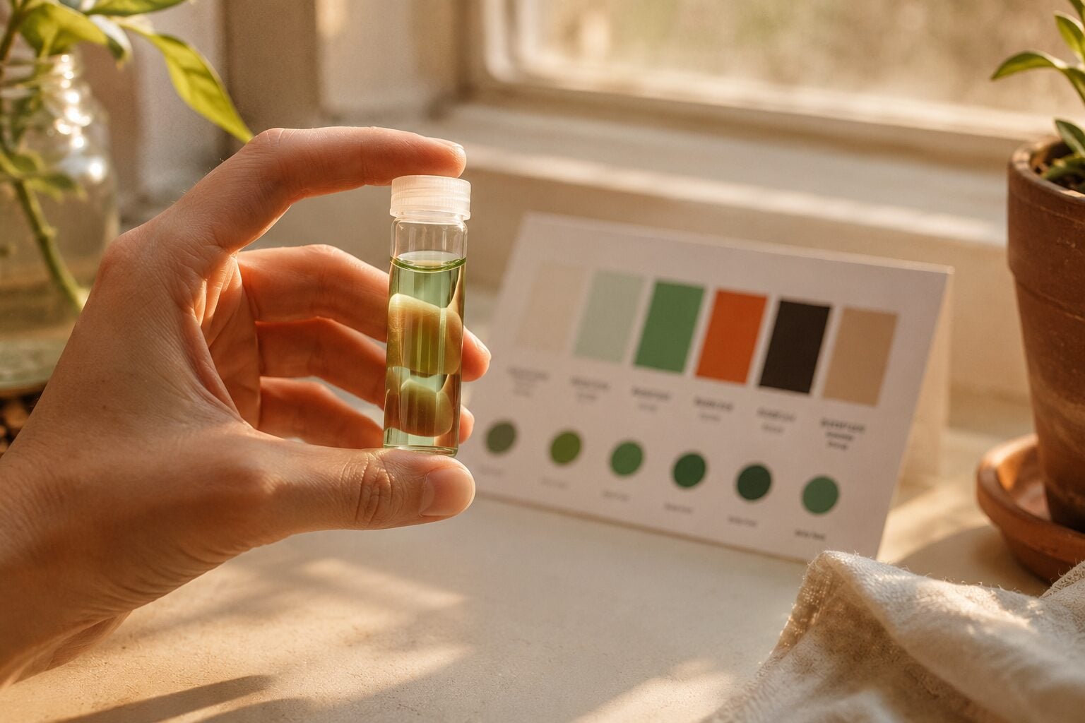 A close, warm shot of a hand holding a test-kit vial of pale green water up against soft window light, the printed color