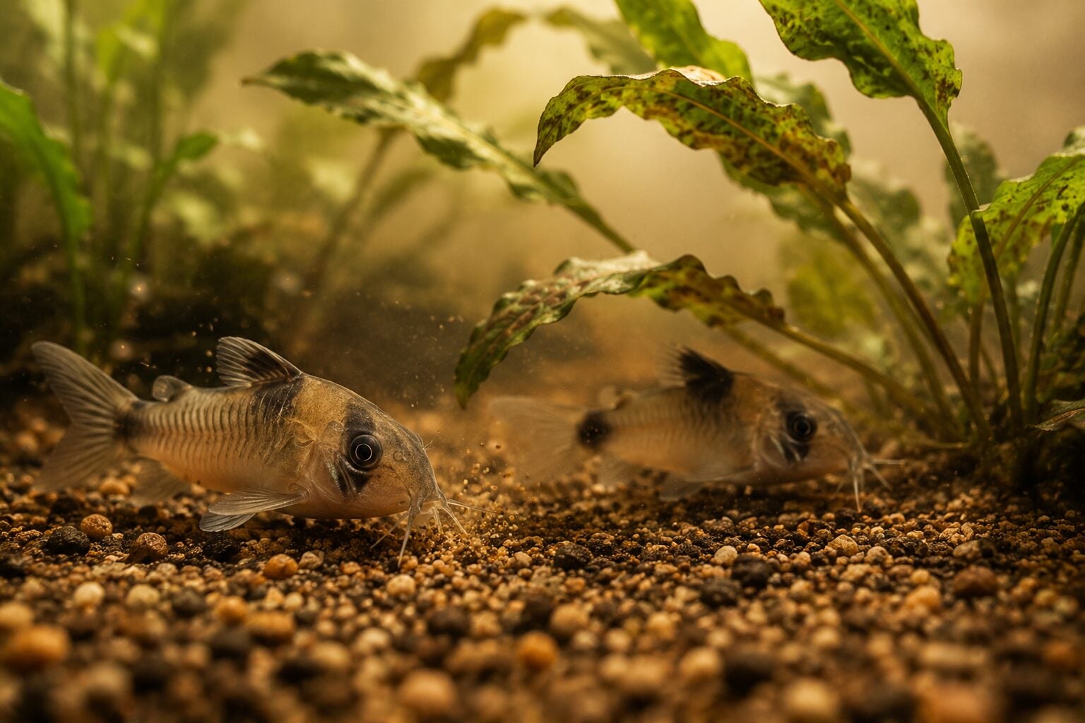 Corydoras catfish foraging across fine gravel among cryptocoryne leaves, shot low and close, amber aquarium light from a