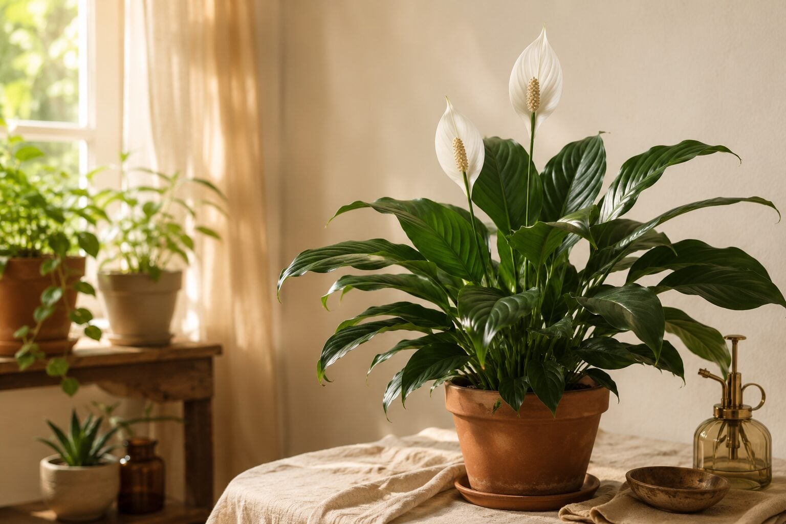 An elegant peace lily in full bloom — two white sail-like spathes rising above glossy dark-green leaves — in a warm terr