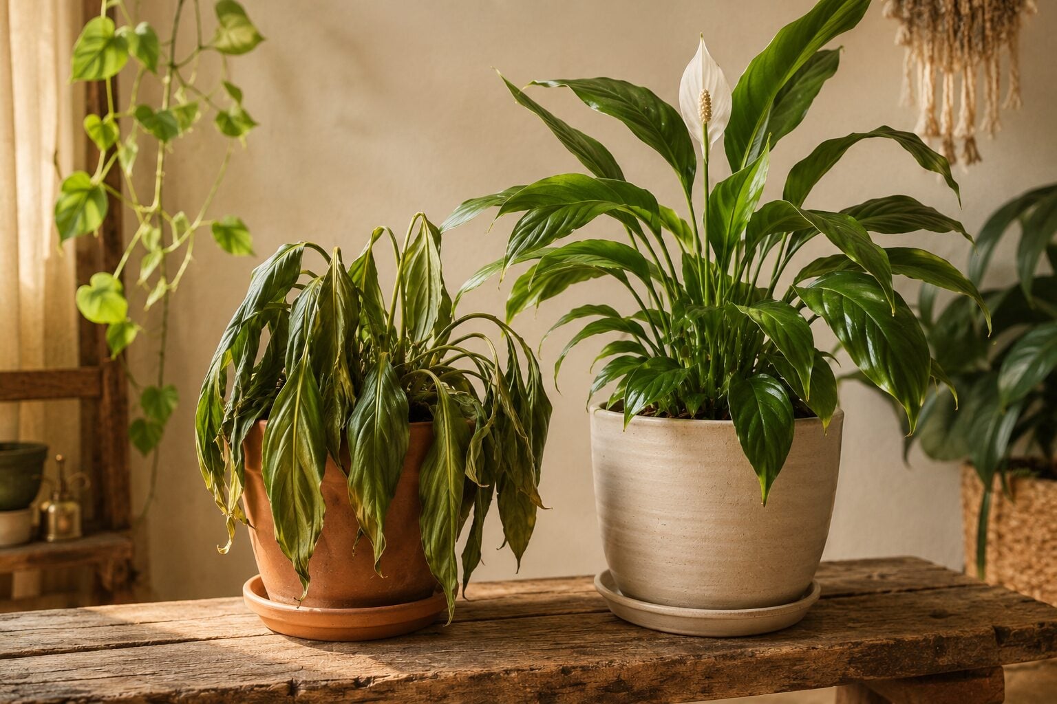 A close, honest before-and-after pair feeling: a peace lily mid-wilt with softly drooping leaves beside the same plant r