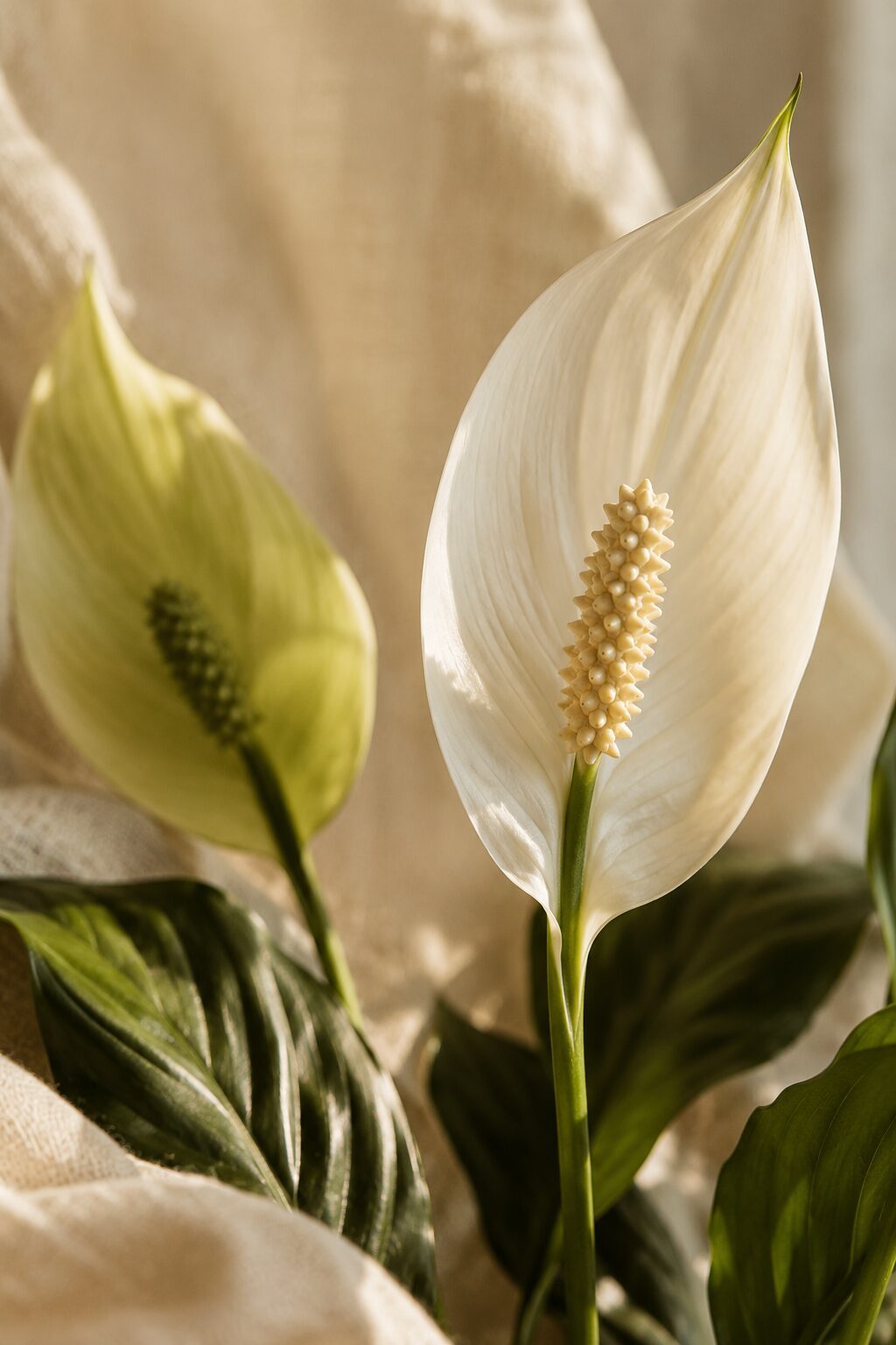 Macro study of a single peace lily bloom — the white sail-like spathe curved around its cream spadix, one aged pale-gree