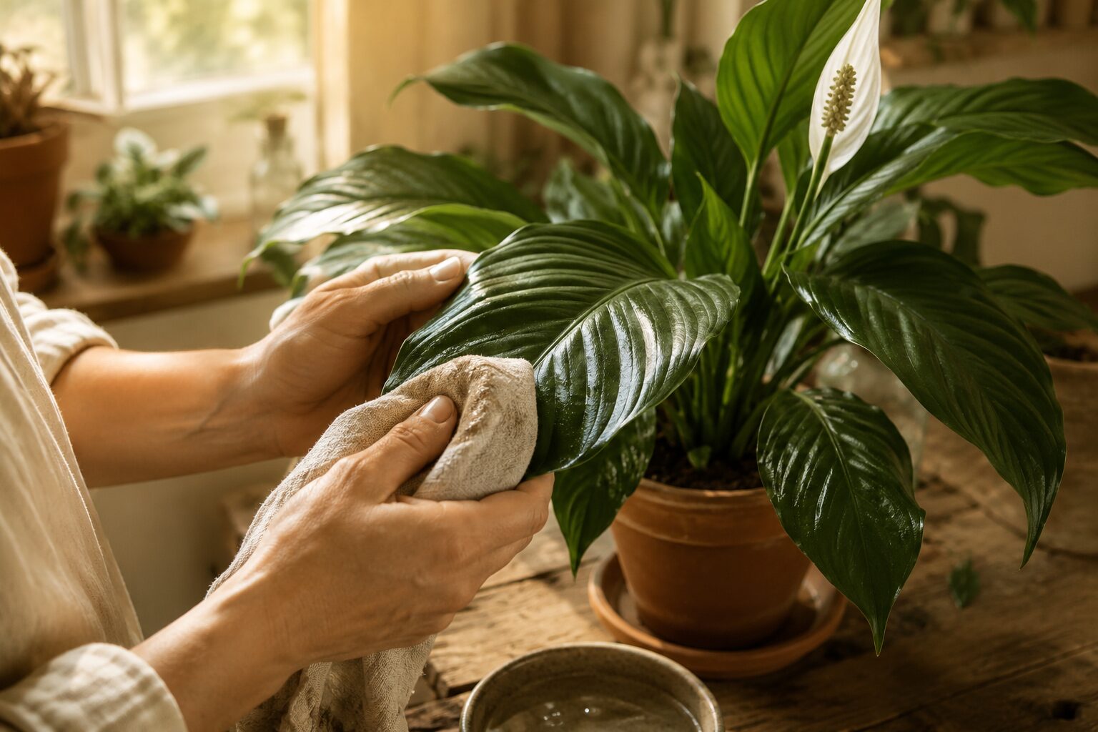 A caring maintenance moment — hands wiping a broad glossy peace lily leaf with a damp linen cloth, terracotta pot on rec