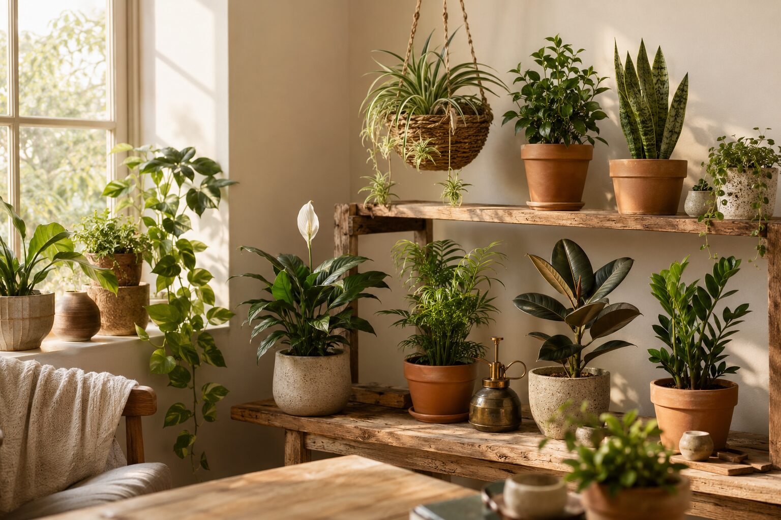 A styled house plant indoor collection — ten plants arranged on a wooden shelf unit and windowsill: trailing pothos, upr