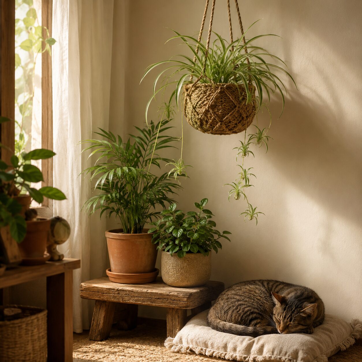 A pet-safe corner vignette — spider plant in a woven hanging basket with dangling plantlets, parlor palm and a peperomia