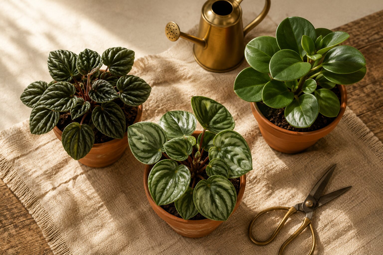 Overhead flat-lay of three peperomia varieties in small terracotta pots on a warm linen runner — rippled dark caperata,