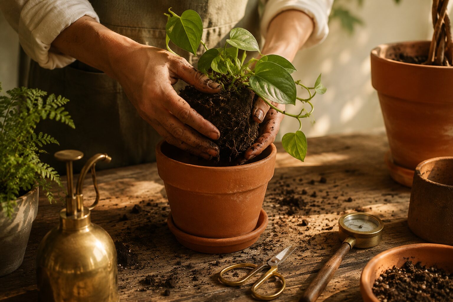 Hands at a potting bench repotting a young pothos into a terracotta pot — fresh dark potting mix, a drainage-ready pot,