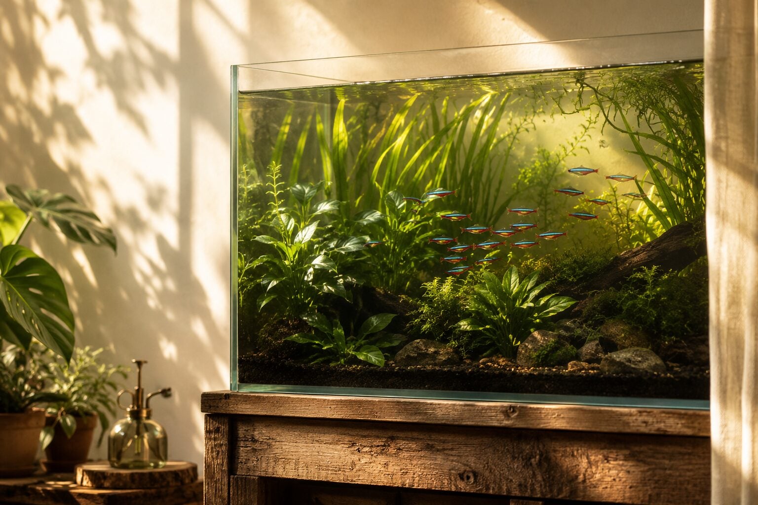 The best fish for planted tank displays — a lush, mature planted aquarium glowing in warm golden hour light from a nearb