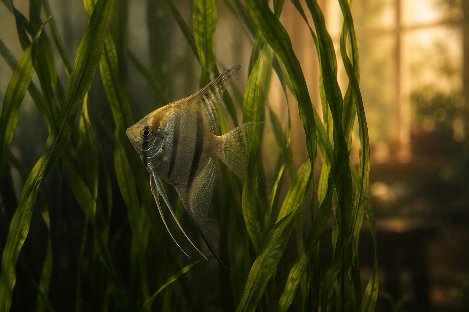 A single silver angelfish gliding between tall vallisneria leaves in a deep tank, warm golden backlight filtering throug