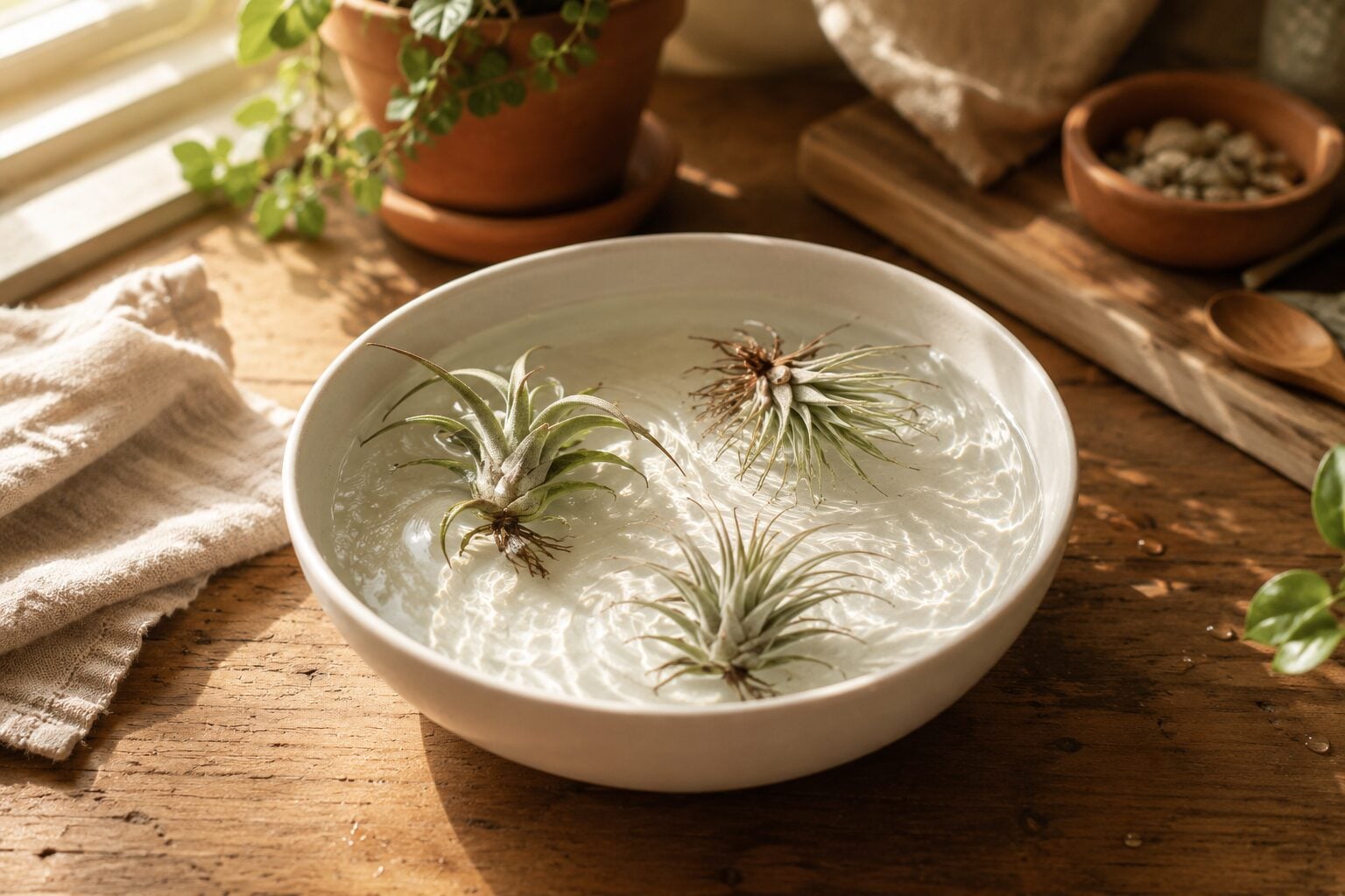 A white ceramic bowl of water on a warm wooden kitchen counter with three air plants floating upside down mid-soak, morn