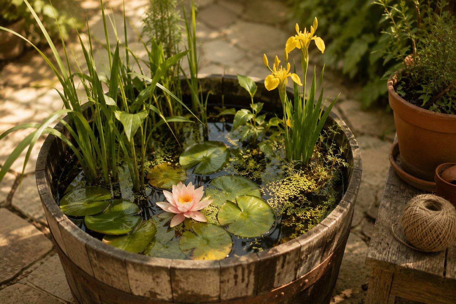 A half-barrel container water garden of aquatic plants on a weathered flagstone patio in warm late-afternoon light