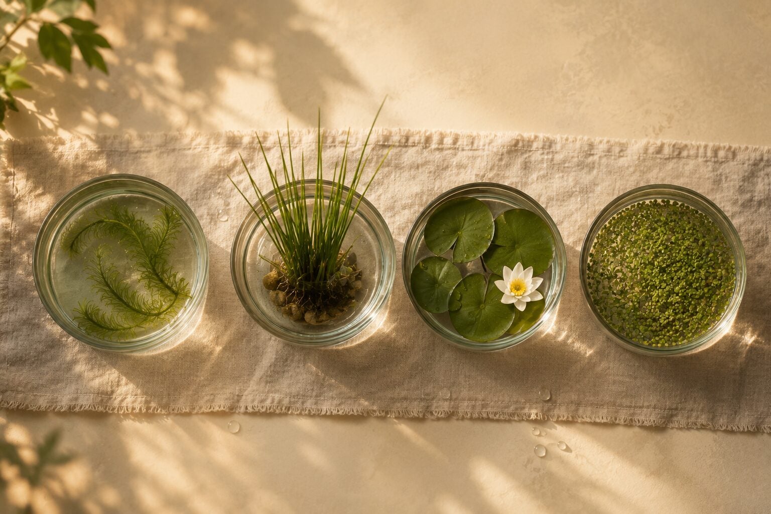 An overhead editorial composition showing the four types of aquatic plants side by side in four shallow glass vessels on